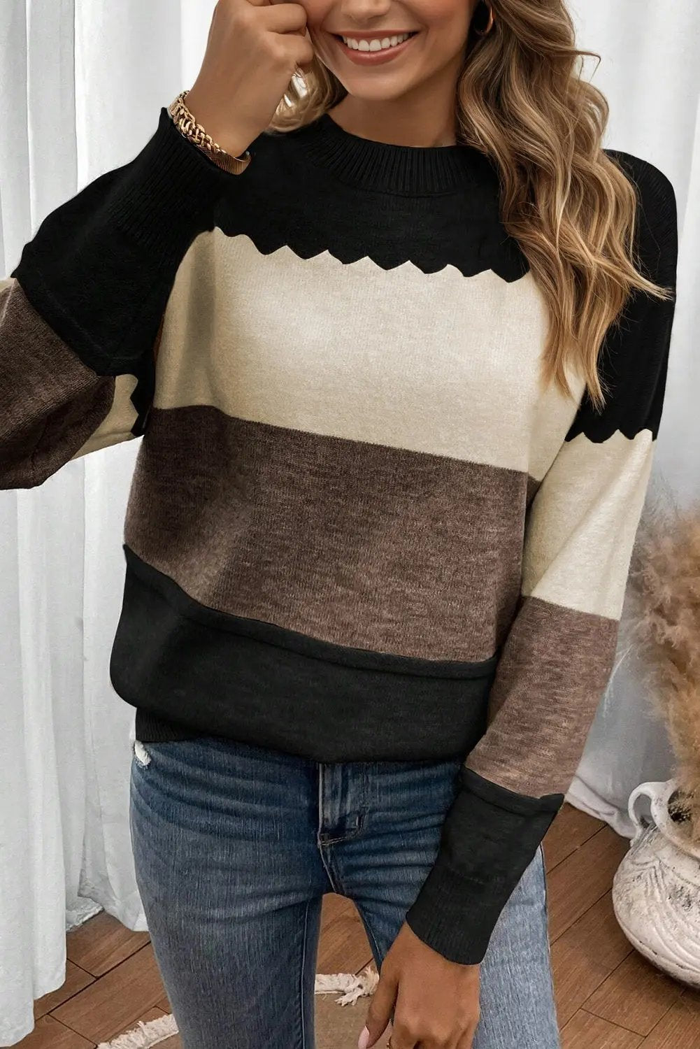 Black Colorblock Crew Neck Drop Shoulder Sweater Relaxed Fit Dear-Lover Dropshipping